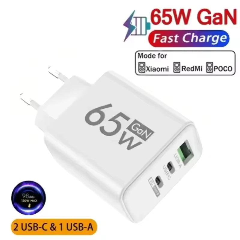 65W Gan Fast Charger PD 3.0 USB C Wall Charger 3 Ports QC3.0 for Iphone 15 16 Pro Samsung Xiaomi EU US Plug Mobile Phone Adapter
