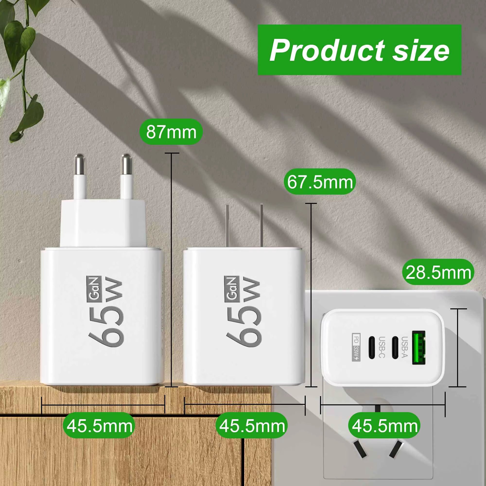 65W Gan Fast Charger PD 3.0 USB C Wall Charger 3 Ports QC3.0 for Iphone 15 16 Pro Samsung Xiaomi EU US Plug Mobile Phone Adapter
