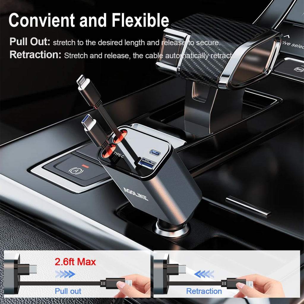 4 in 1 Retractable Car Charger,Smaller Super Fast Charger with Retractable Cords, Car Charger Fast Charging,Usb C Charger Adpater Compatible with Iphone 16 15 14 13 Pro Max,Galaxy,Pixel