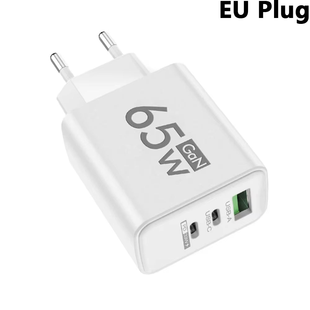 65W Gan Fast Charger PD 3.0 USB C Wall Charger 3 Ports QC3.0 for Iphone 15 16 Pro Samsung Xiaomi EU US Plug Mobile Phone Adapter