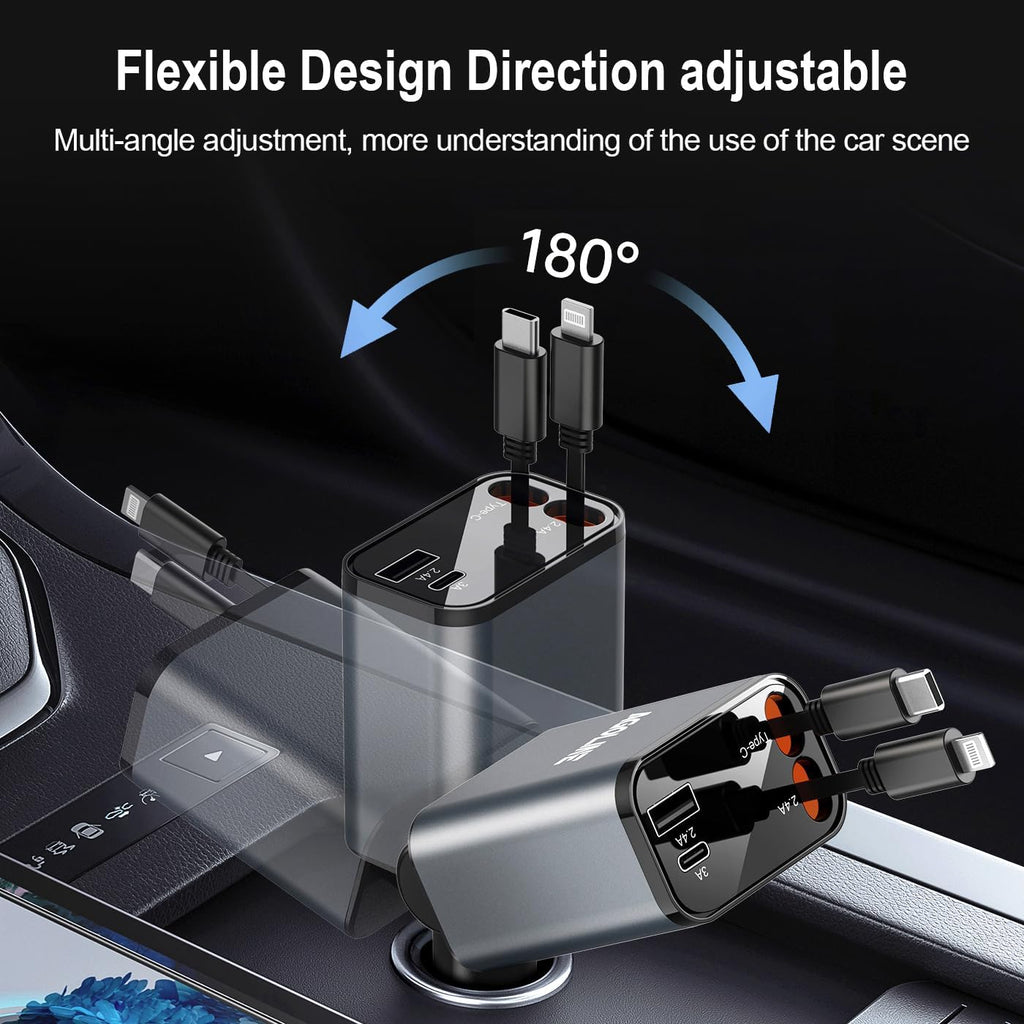 4 in 1 Retractable Car Charger,Smaller Super Fast Charger with Retractable Cords, Car Charger Fast Charging,Usb C Charger Adpater Compatible with Iphone 16 15 14 13 Pro Max,Galaxy,Pixel