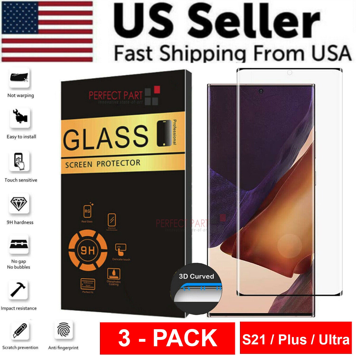 3 PACK - for Samsung Galaxy S21 plus ULTRA Tempered Glass Screen Protector Clear